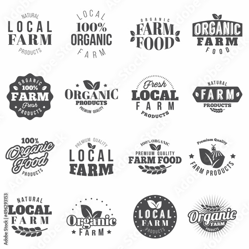 Farm 16 badges monochrome set. Collection of organic farming and natural products labels and stickers. Isolated. Vector.