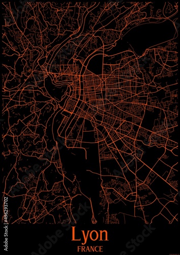 Black and orange halloween map of Lyon France.This map contains geographic lines for main and secondary roads.