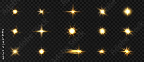 The golden light of the star shines and sparkles on a transparent background. Vector isolated set of sun glow and starlight icons with lens flare effect. © Valeriia