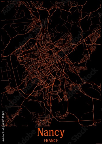 Black and orange halloween map of Nancy France.This map contains geographic lines for main and secondary roads.