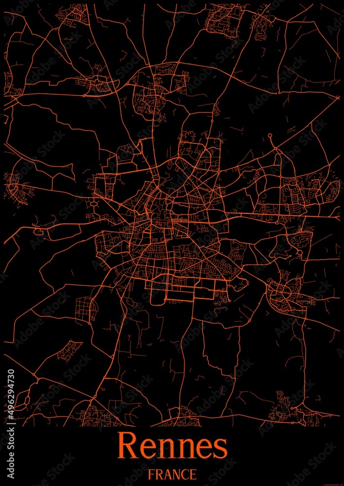 Black and orange halloween map of Rennes France.This map contains ...