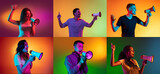 Set of closeup portraits of young excited multiethnic people shouting in megaphone on multicolored background in neon