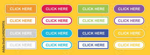 Click here button with arrow pointer clicking icon. Click here vector web button. Web button with action of arrow pointer. Vector illustration. 
