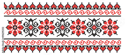 Ukrainian national cross-stitch vector ornament scheme of flowers. Black and red illustration