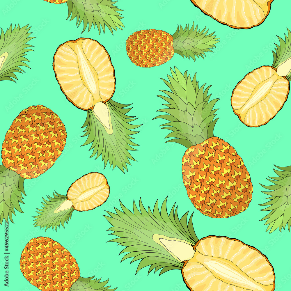 Whole and cut pineapple random repeat seamless pattern. Tropical fruit endless texture. Irregular boundless background. Bright summer surface design. Editable tile for cloth, interior, copybook cover Whole and cut pineapple random repeat seamless pattern. Tropical fruit endless texture. Irregular boundless background. Bright summer surface design. Editable tile for cloth, interior, copybook cover