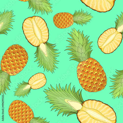 Whole and cut pineapple random repeat seamless pattern. Tropical fruit endless texture. Irregular boundless background. Bright summer surface design. Editable tile for cloth, interior, copybook cover