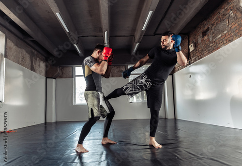 Two sparring partners of a kickboxer in boxing gloves practice kicks in a sports hall