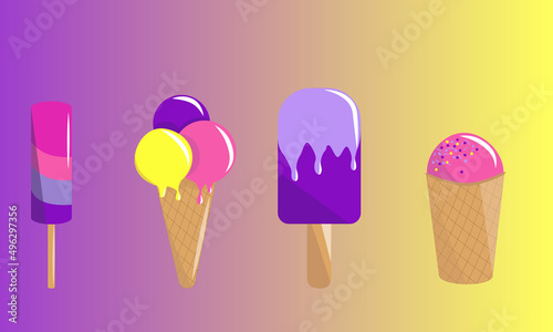 Set with different types of ice cream. Summer time.