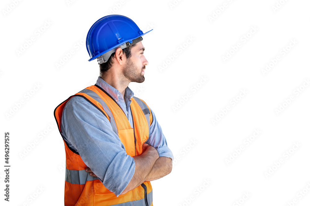 Portrait of handsome caucasian engineer with crossed arms isolated on white backgrounds.