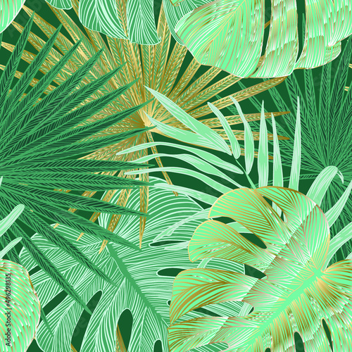 seamless vector bright coloristic juicy tropical exotic patterns with tropical banana leaves and yreka and monstera. Vibrant colors and prints for surface design