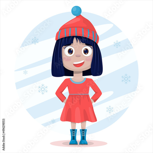 Vector flat ute smile girl. Cartoon pretty little woman in dress with background. A cheerful beautiful child. Dresses for different seasons
