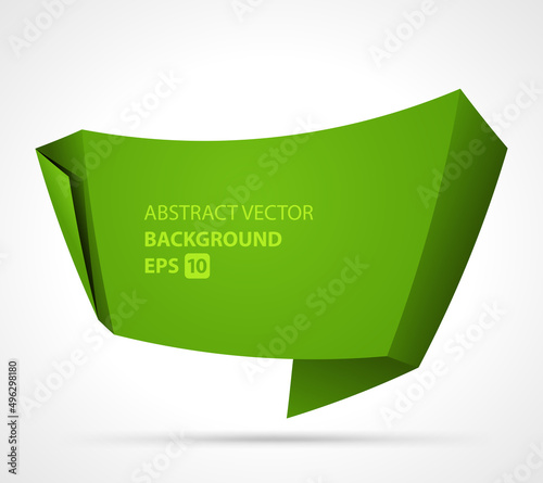 Bent metal sheet abstract vector background. Curved green origami design with gold folds. Creative angle cardboard for transparent annotations and effective realistic advertising.