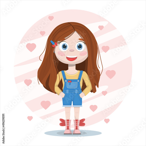 Vector flat ute smile girl. Cartoon pretty little woman in denim suit with background. A cheerful beautiful child. Dresses for different seasons