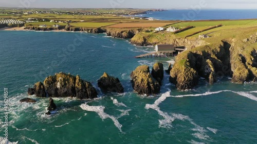 Aerial of Padstow Lifeboat Station and Merope Rocks on Trevose Head, Cornwall, England photo