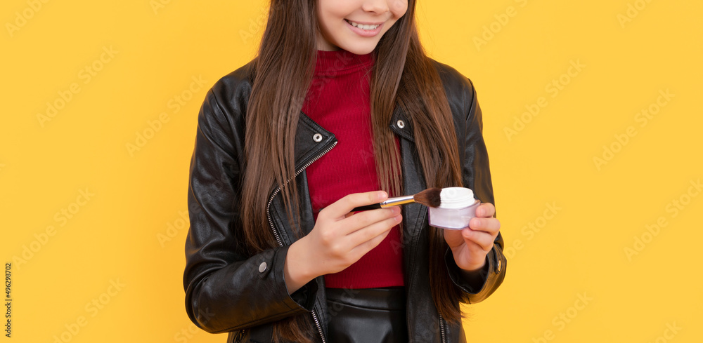 kid with makeup brush. daily habit and personal care. skincare beauty cosmetic. kid with makeup brush. daily habit and personal care. skincare beauty cosmetic.