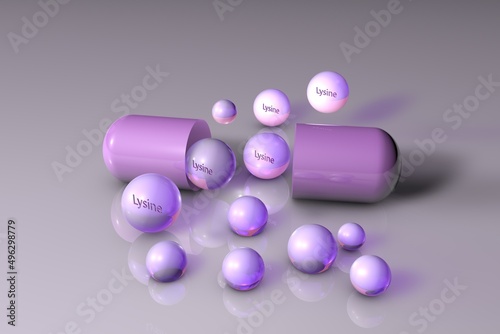 Opened capsule with lysine drops. Lysine is an essential amino acid used in the biosynthesis of proteins. Healthy life concept. Medical background. 3d illustration