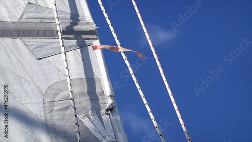 Close up shot of the backstay, topping lift and leach on a sailboat photo