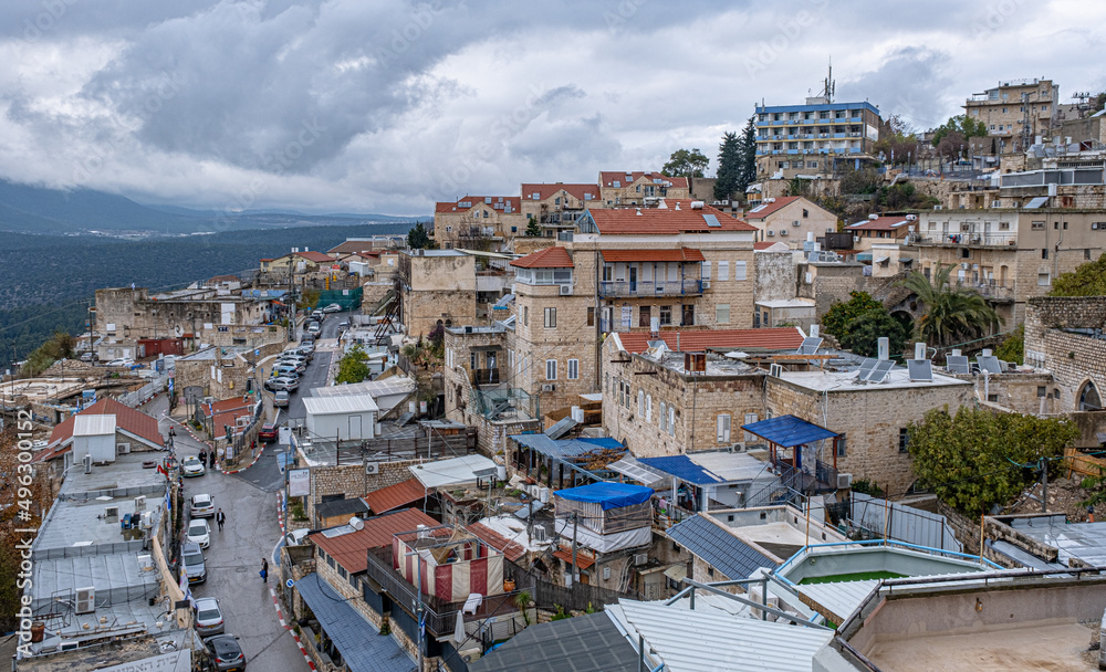 Aerial view of the Old  and New Town of Safed, located at 900 m ASL, on a cloudy and rainy day, Upper Galilee, Northern Israel, Israel
