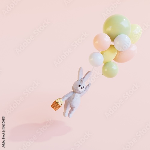 Rabbit holding basket with tulip bouquet flying on air balloons on pink background. Universally greeting card. 3D render