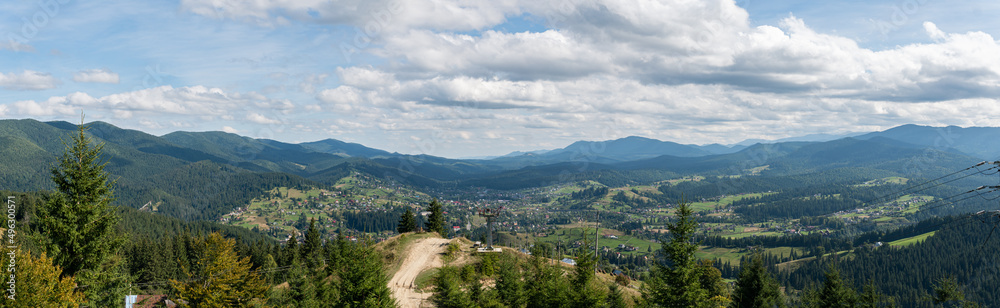 Fototapeta premium Beautiful landscape of nature, mountains and forest in rural area on a sunny summer day