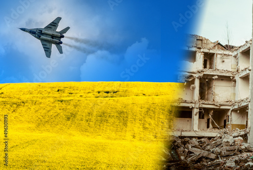 Damaged building and Ukraine flag from blue sky and yellow field. Fighter Mig-29 on the sky photo