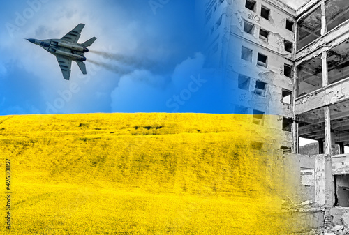 Destroyed building and Ukraine flag from blue sky and yellow field. Fighter Mig-29 on the sky photo