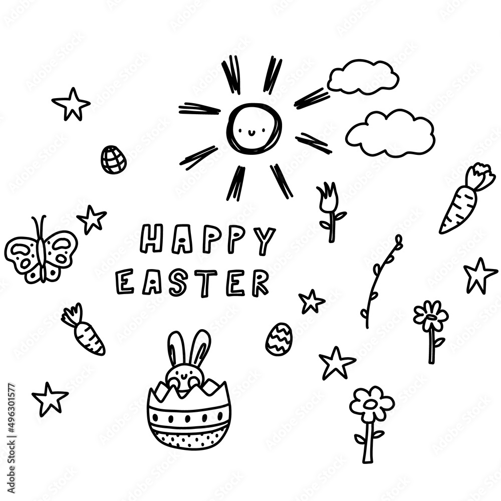 Obraz premium Doodle happy easter vector lettering in egg, bunny isolated. Hand drawn black and white branches, flowers, stars, cute calligraphy.