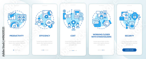Advantages of online collaboration blue onboarding mobile app screen. Walkthrough 5 steps graphic instructions pages with linear concepts. UI, UX, GUI template. Myriad Pro-Bold, Regular fonts used
