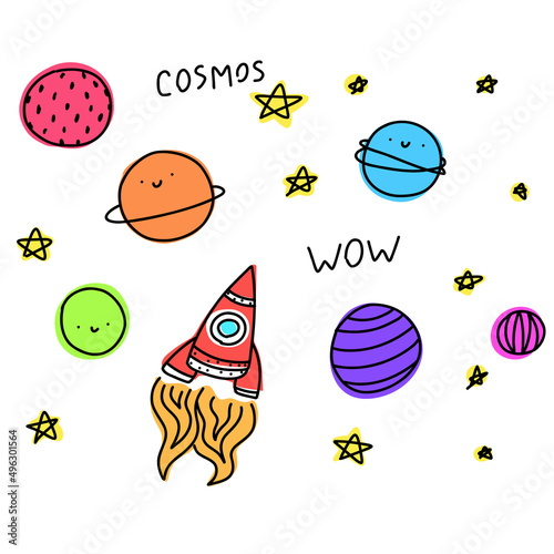 Fototapeta Naklejka Na Ścianę i Meble -  Planets collection with text cosmos. Cute doodle isolated space, stars for postcard, poster, background. Hand drawn vector illustration.