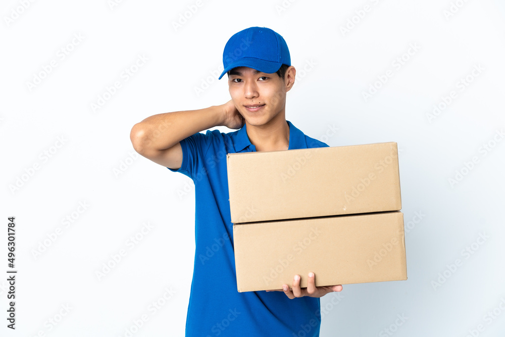 Delivery Chinese man isolated on white background laughing Delivery Chinese man isolated on white background laughing