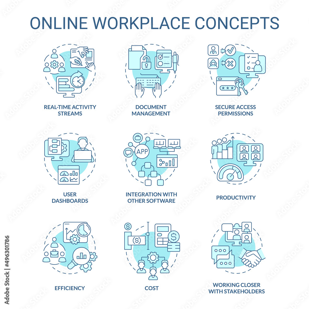 Online workplace turquoise concept icons set. Business tools. Virtual office platform idea thin line color illustrations. Isolated symbols. Editable stroke. Roboto-Medium, Myriad Pro-Bold fonts used