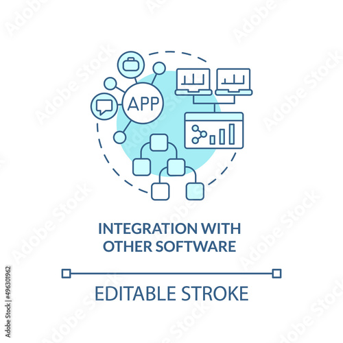 Integration with other software turquoise concept icon. Feature of online workplace abstract idea thin line illustration. Isolated outline drawing. Editable stroke. Arial, Myriad Pro-Bold fonts used