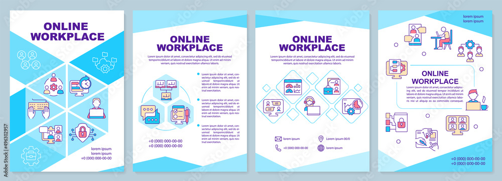 Online workplace blue brochure template. Virtual office building. Leaflet design with linear icons. 4 vector layouts for presentation, annual reports. Arial-Black, Myriad Pro-Regular fonts used