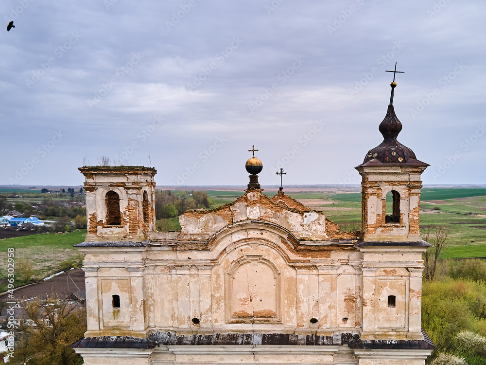 Aerial view of the church ruins church of St. Anthony Ukraine, Historical architecture heritage of Europe.