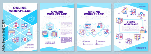 Online workplace blue brochure template. Virtual office building. Leaflet design with linear icons. 4 vector layouts for presentation, annual reports. Arial-Black, Myriad Pro-Regular fonts used