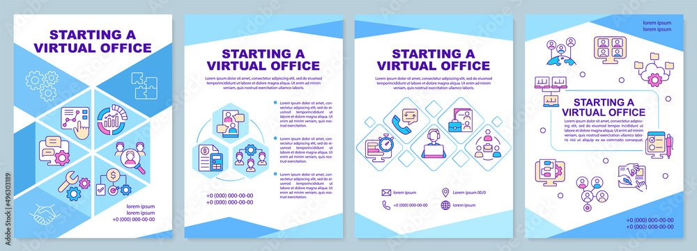 Starting virtual office blue brochure template. Working online. Leaflet design with linear icons. 4 vector layouts for presentation, annual reports. Arial-Black, Myriad Pro-Regular fonts used