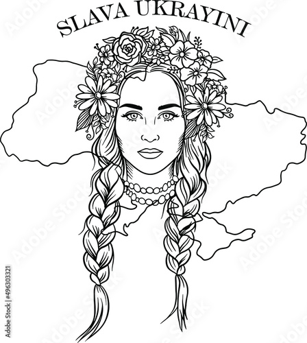 Ukrainian woman with a wreath on her head against the background of the Ukrainian flag. Ukraine Vector illustration