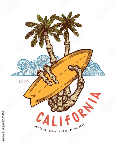 Skeleton hand with fingers palm-trees holding surfboard. California surfing vintage typography summer sports t-shirt print vector illustration.