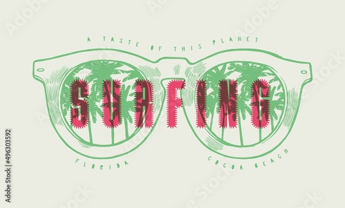 Tropical sunglasses with palm-trees in lenses surfing typography t-shirt print vector illustration.