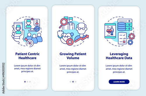 Healthcare challenges onboarding mobile app screen. Patient centric care walkthrough 3 steps graphic instructions pages with linear concepts. UI, UX, GUI template. Myriad Pro-Bold, Regular fonts used photo