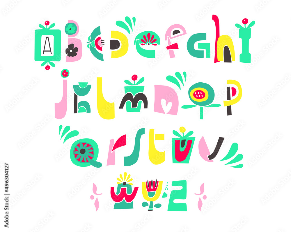 Creative handwriten font. Set of english alphabet. Unique design. Vector Illustration.