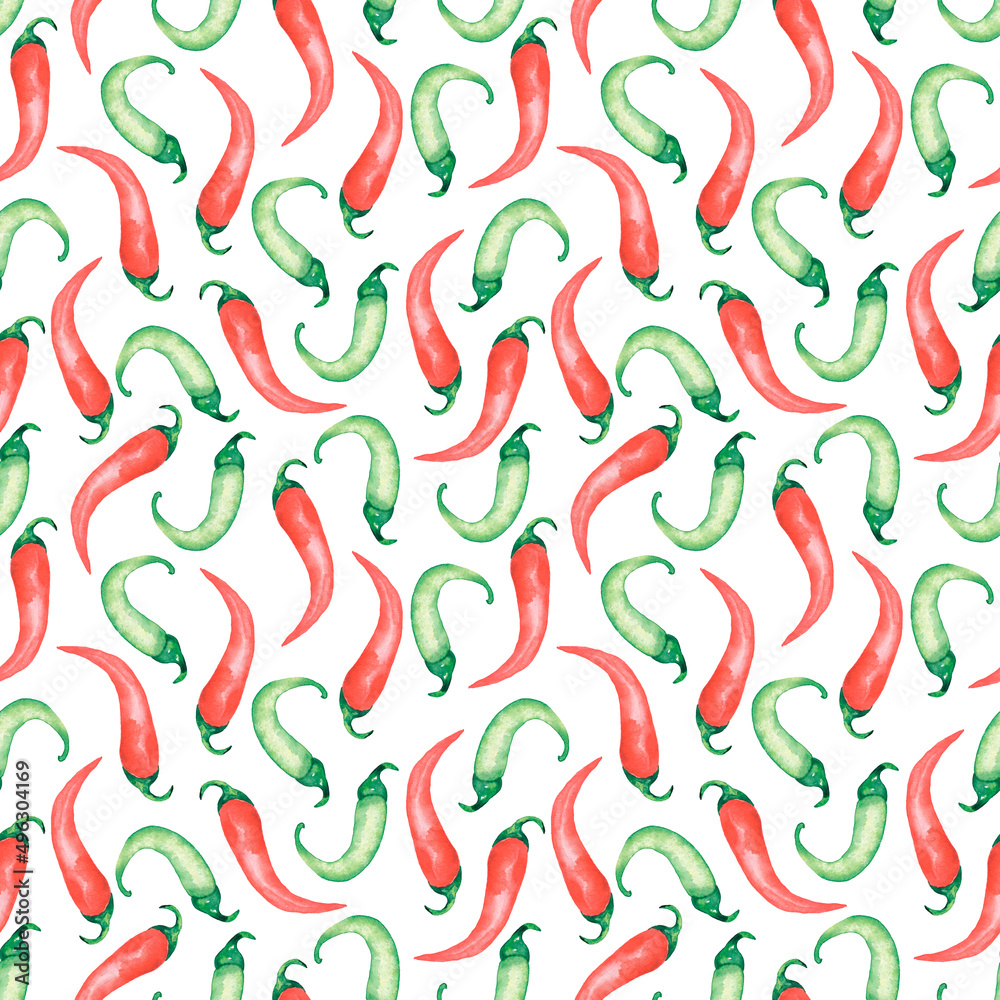 Red and green Chili Pepper Seamless Pattern, Watercolor Food paper digital download, organic botanical repeat pattern for fabric, Vegetable print