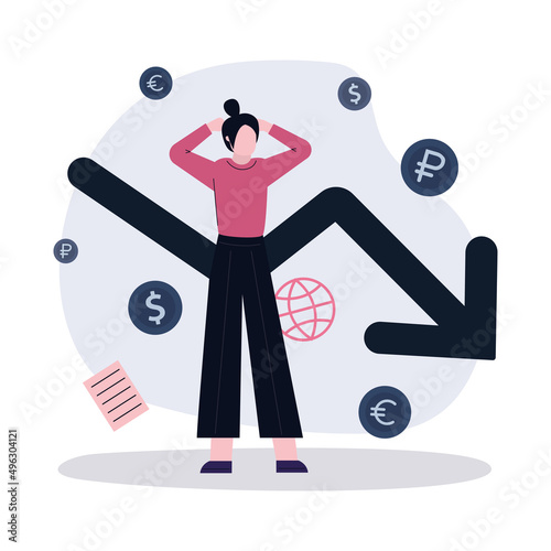 Woman with falling chart. Girl shocked by economy default. Budget deficit and global crisis. Business people and investor lost money. Finance decrease
