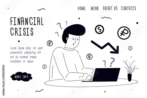 Man shocked by economy default. Budget deficit and global crisis. Business people and investor lost money. Template, landing page. Finance decrease