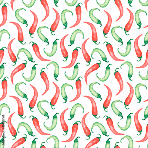 Red and green Chili Pepper Seamless Pattern, Watercolor Food paper digital download, organic botanical repeat pattern for fabric, Vegetable print