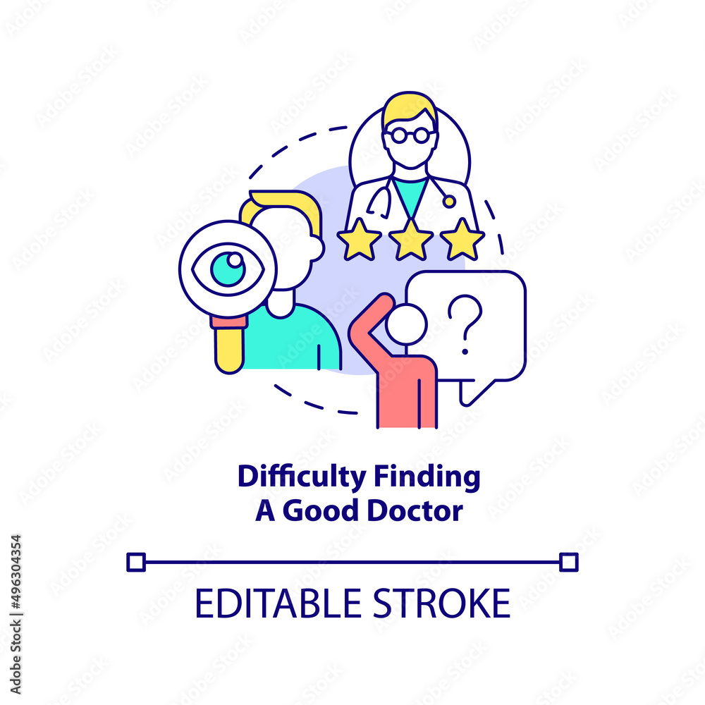 Difficulty finding good doctor concept icon. Current healthcare issue abstract idea thin line illustration. Quality check. Isolated outline drawing. Editable stroke. Arial, Myriad Pro-Bold fonts used