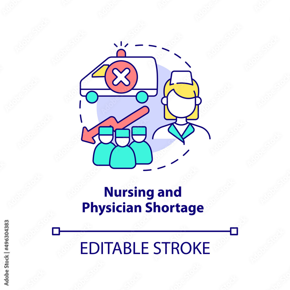 Nursing and physician shortage concept icon. Healthcare problem abstract idea thin line illustration. Employee burnout. Isolated outline drawing. Editable stroke. Arial, Myriad Pro-Bold fonts used