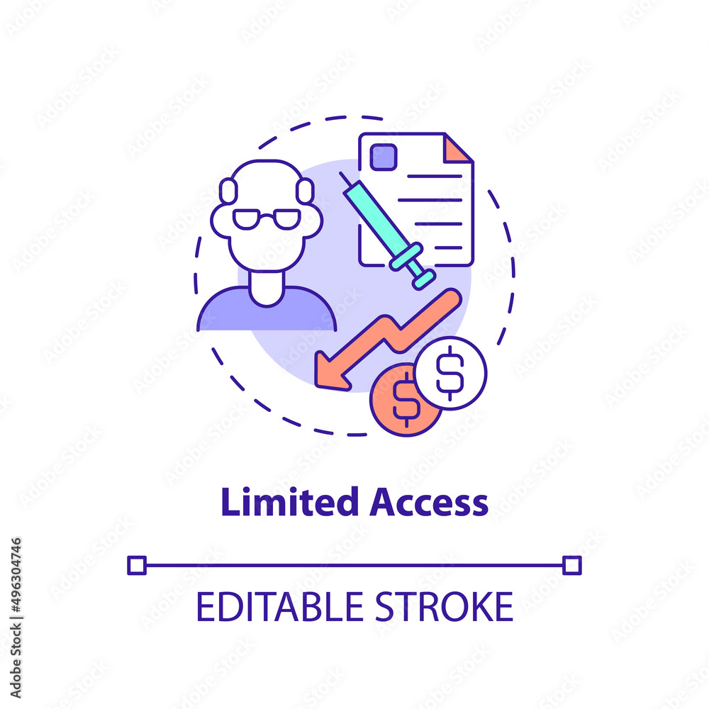 Limited access concept icon. Lack adequate health insurance abstract idea thin line illustration. Poor health outcome risk. Isolated outline drawing. Editable stroke. Arial, Myriad Pro-Bold fonts used