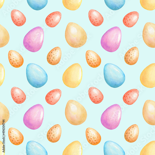 Photography Watercolor seamless easter eggs pattern isolated on blue background