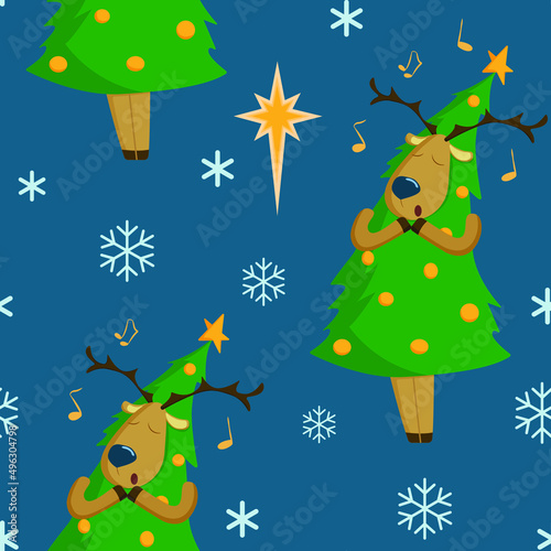 Vector pattern with a deer dressed as a Christmas tree and singing a Christmas song  © Алена Гребенкина